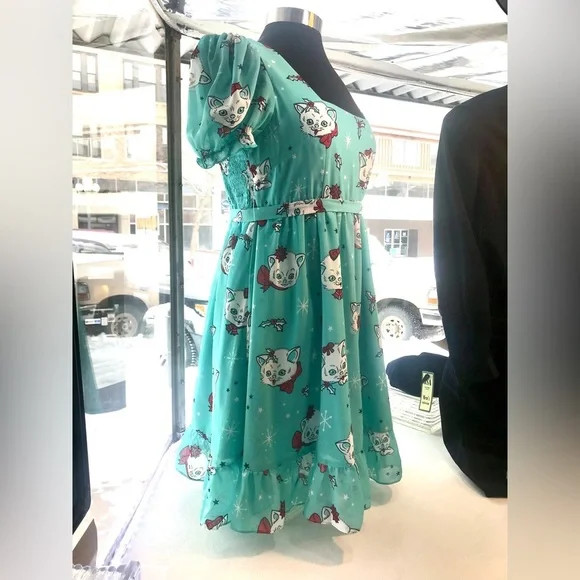 Sourpuss Christmas Kitties Women’s Cream Puff Dress Ice Blue New - Picture 5 of 11